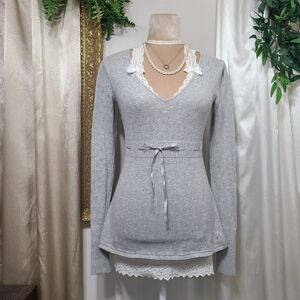 ♡ Y2K ♡ American Eagle Grey Waist Tie Babydoll Sweater